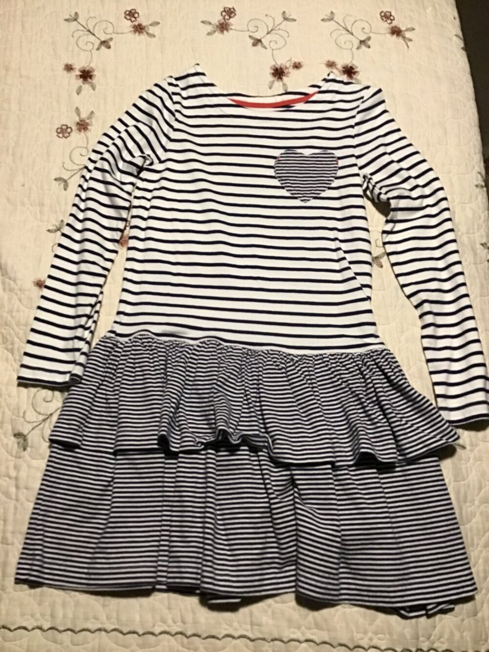Mini Boden Girl's Navy Blue and White Striped Long Sleeve Tired Dress--Size 9-10